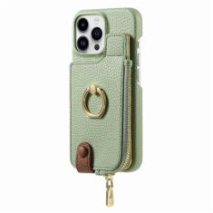 Carteira de couro com zíper com porta-cartão capa de telefone para iPhone 13 12 Mini 15 14 11 Pro Max XS XR X 7 8 Plus Ring Kickstand Cover, verde, para iPhone 13