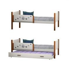 Kit 2 Camas Infantil Solteiro Star com 1 Cama Auxiliar - Branco/mel - 