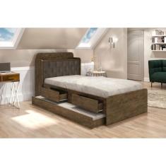 Cama Tamires Solteiro 0,88cm com Auxiliar Castanho com Capitonê Nogal Dois Colchões- Cambel