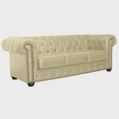 Sofá Chesterfield 3 Lugares com Pés Madeira Couro Bege G40 - Gran Belo