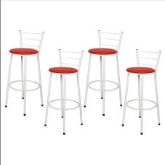 Jogo 4 Banqueta Alta Para Cozinha Branca Epoxi Assento Vermelho