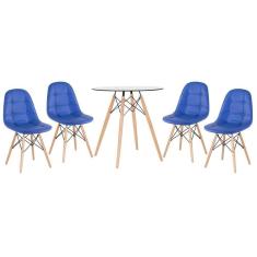 Kit - Mesa De Vidro Eames 70 Cm + 4 Cadeiras Eames Botonê Azul Azul