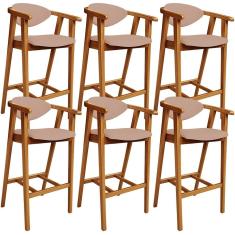 Kit 06 Banquetas Alta Cecília L02 Assento em Linho Estrutura em Madeira Encosto Fixo Rosê 102 cm