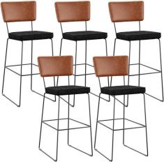 Kit 05 Banquetas Altas Cozinha Camel Linho Chumbo - LYAM DECOR