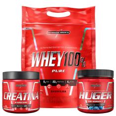 Kit Whey 100% 900g Pouch Baunilha + Creatina 100% Pura 300g + Huger 320g Blue Razz Suplementação completa