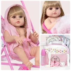 Boneca Reborn Realista 100% Silicone Loira Enxoval Carrinho - Cegonha 