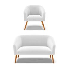 Kit 1 Sofá Namoradeira e 1 Poltrona Stella Bouclê Off White Pés Palito Castanho - D`Rossi