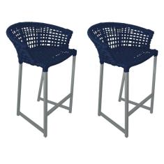Kit 2 Banquetas Reis Em Corda Náutica E Base Em Alumínio Cinza Para área Gourmet Azul Marinho Azul