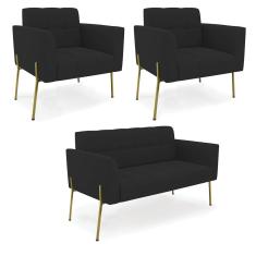 Sofá Namoradeira E 2 Poltronas Pé De Ferro Dourado Elisa Veludo D03 - D'rossi Cor Preto