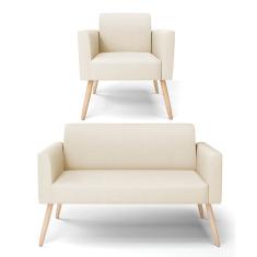 Sofá Namoradeira Com Poltrona Pés Palito Natural Marisa Linho Bege A19 D03 - D'rossi