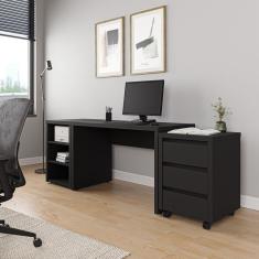 Mesa De Escritório 120cm Com Gaveteiro Com Rodízio E Prateleiras Ficus Cabecasa Madeiramadeira Preto