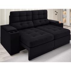 Sofá com Porta Copos e Carregador USB Eureka 1,70m Assento Retrátil e Reclinável Velosuede Preto - NETSOFAS