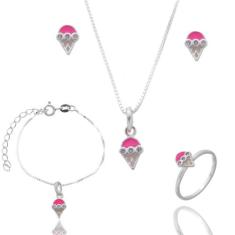 Conjunto Colar Pingente Pulseira Brinco Anel Infantil Prata / 40 / Sor