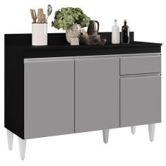 Balcão Gabinete 120cm 3 Portas 1 Gaveta Preto/Cinza