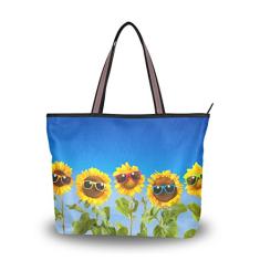 Bolsa feminina com alça superior girassóis com óculos de sol em bolsa de ombro azul, Multicolorido., Large