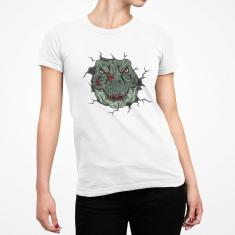 Camiseta ECF Feminina Dinossauro aparecendo de frente Manga Curta Branca Poliester