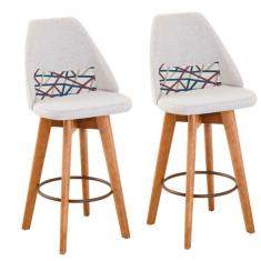 Kit 02 Banquetas Alta Maya Giratória Com Encosto Gourmet Linho Bege e Almofada Linhas Coloridas - Aurora Line