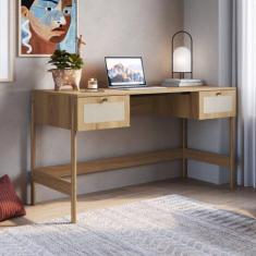 Escrivaninha Mesa Escritório Palhinha Pé Madeira Oslo 2 Gavetas 139cm 