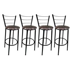 Kit 4 Banquetas Altas Preta com Encosto Assento Floral Marrom