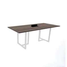 Mesa de Reunião com Caixa de Tomada Retangular 200x90 cm Pé Tubular PE25 em MDP Walnut e Base Branca