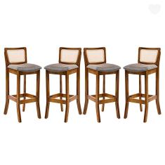 Kit 4 Banquetas Alta com Encosto em Rattan Portugal Estofado Linho Cinza L55 RMI