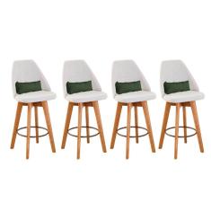 Kit 04 Banquetas Alta Maya Giratória Com Encosto Linho Bege Claro e Almofada Suede Verde Musgo - Aurora Line