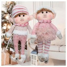 Dupla Boneco Natalino Pendente Duende Rosa Natal