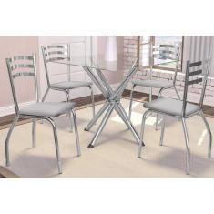 Sala de Jantar Completa Volga C/ Tampo Vidro 90cm + 4 Cadeiras Portugal Cromado Courano Branco
