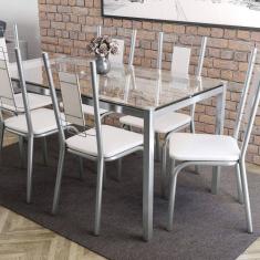 Conjunto Sala de Jantar Mesa Tampo de Vidro Reno e 6 Cadeiras Florença Crome Kappesberg Cromado/Branco