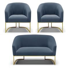 Namoradeira E 2 Poltronas Base Industrial Dourado Stella Suede Azul Marinho D03 - D`rossi