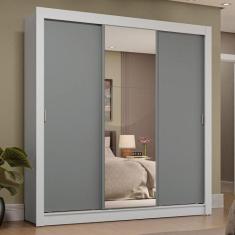 Guarda-Roupa Casal 3 Portas de Correr com Espelho 4 Gavetas Branco/Cin