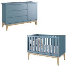Berço Americano e Cômoda Infantil 1 Porta Classic Azul com Pés Madeira Natural – Reller