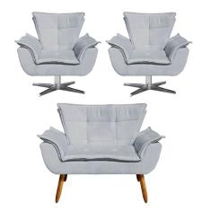 Kit Namoradeira E 2 Poltronas Giratórias Cromada Opla Suede Cinza - Ibiza