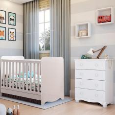Quarto de Bebê Completo Berço Americano Ben 3 Em 1 Cômoda Júnior Simples 4 Gavetas  Branco Carvalho 100% MDF Móveis Peroba