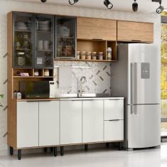 Cozinha Modulada Toscana 4 Peças Mdf com Aéreo 1200 Porta de Vidro e Paneleiro Freijó/Off White