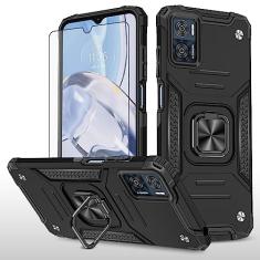 Asuwish Capa de telefone para Motorola Moto E22/E22i 4G com protetor de tela de vidro temperado e suporte de anel suporte fino híbrido protetor móvel acessórios para celular E 22 22i mulheres homens