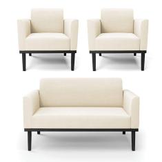 Sofá Namoradeira Com 2 Poltronas Base De Madeira Fixa Preto Marisa Veludo Bege D03 - D`Rossi