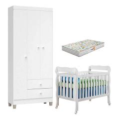 Berço Americano Lila com Colchão Gazin e Guarda Roupa Ternura Baby 3 Portas Branco Brilho - Incorplac
