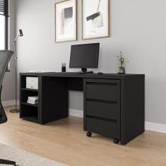 Mesa de Escritório 135cm com Gaveteiro com Rodízio e Prateleiras Ficus Cabecasa Madeiramadeira Preto