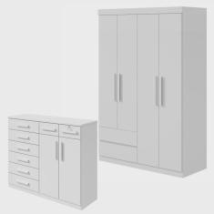 Conjunto de Guarda-roupa Solteiro 4 Portas 2 Gavetas Zeus e Cômoda 8 Gavetas 2 Portas Toronto