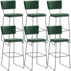Kit 6 Banquetas Altas Allana L02 Industrial Aço Assento Estofado 107 cm Plástico Verde Lyam Decor