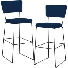 Kit 02 Banquetas Allana L02 Tecido Assento Estofado Base em Aço Encosto Fixo Azul para Cozinha