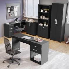 Conjunto Home Office 4 Peças 1 Mesa em L 1 Escrivaninha 2 Armários Espresso Móveis Preto Tx
