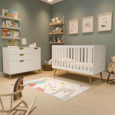 Quarto de Bebê Completo 1 Berço com 1 Cômoda 3 Gavetas Caring Serpil Baby Branco/Carvalho