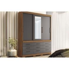 Guarda Roupa Solteiro 3 Portas de Correr e 9 Gavetas c/ Espelho e Pés Click 3.9 Jatoba/Grafitte - Santos Andirá
