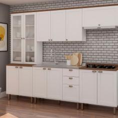 Cozinha Modulada com Cristaleira e Balcão para Cooktop 100% Mdf Iluminata Branco Betalhes Ébano