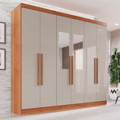 Guarda-roupa Casal com Espelho 6 Portas 2 Gavetas França Cinamomo/Off-White