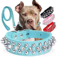 Coleira de couro cravejada com guia, coleiras para cães de couro de poliuretano para Pit Bull, coleira de gato de couro durável com cravejado para raças pequenas, médias e grandes, melhor presente para coleira de rebite para animais de estimação