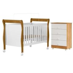 Quarto de Bebê com Berço Mini Cama 100% Mdf Slim e Cômoda de Bebê 100% Mdf 4 Gavetas Soft Life Branco/madeirado Ypê