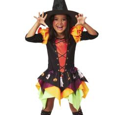 Fantasia Bruxinha Infantil Vestido Halloween Bruxa C/ Meias